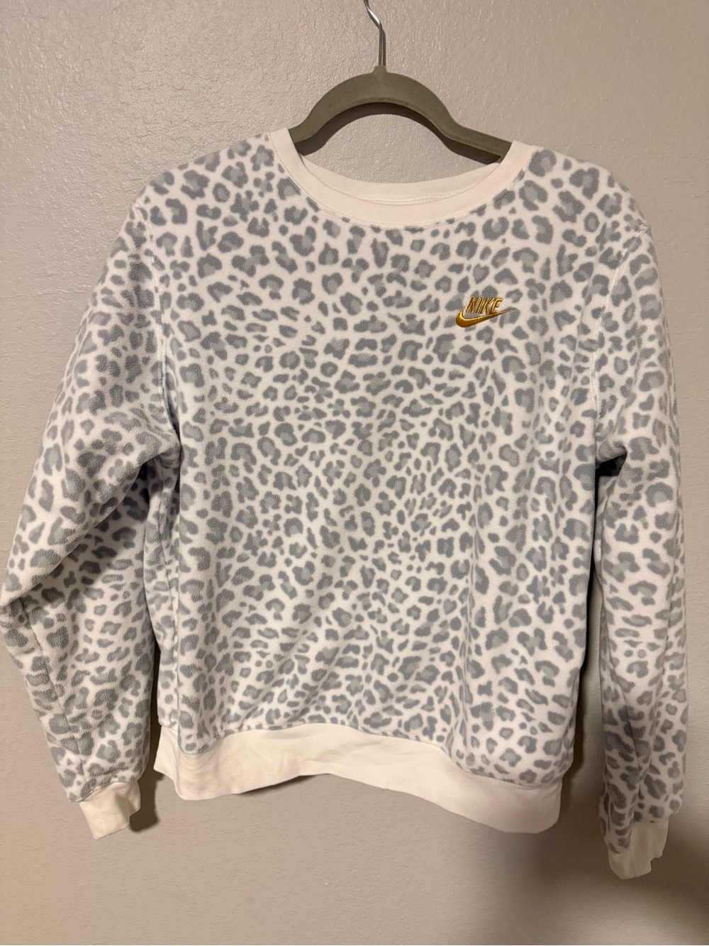 Nike Women’s White & Light Gray Leopard Print Crewneck Sweater